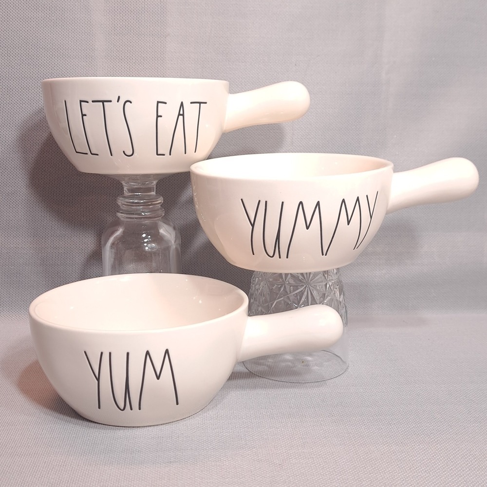 Set of 3 Rae Dunn Soup Bowls with Handles "Yum" "Yummy" "Let's Eat" White